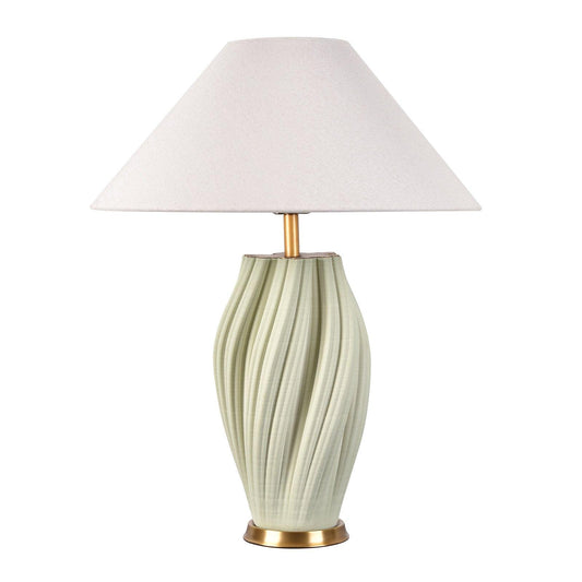 Bright Corners Celadon 3D Ceramic Table Lamp with Fabric Shade White Background