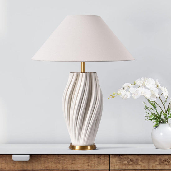 Bright Corners White 3D Ceramic Table Lamp with Fabric Shade 
