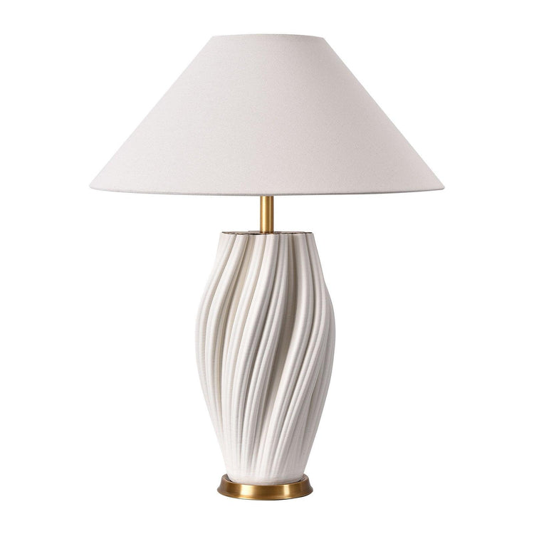 Bright Corners White 3D Ceramic Table Lamp with Fabric Shade White Background