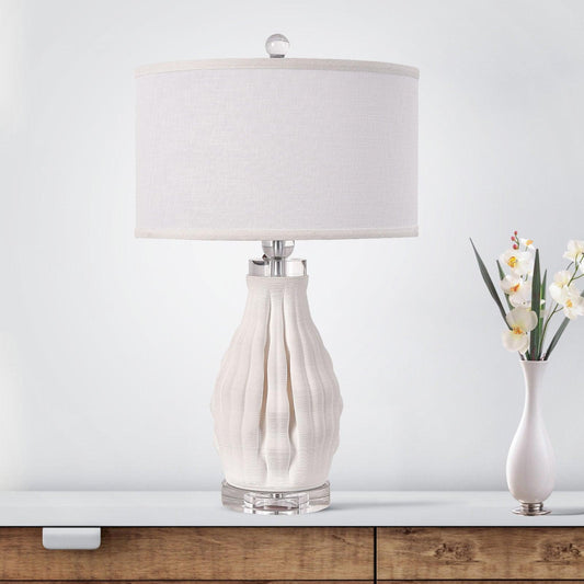 Bright Corners Elegant Illumination White 3D Ceramic Table Lamp with Fabric Shade 