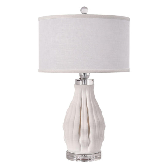Bright Corners Elegant Illumination White 3D Ceramic Table Lamp with Fabric Shade White Background